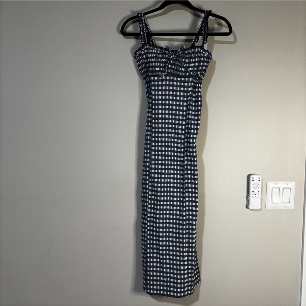 Free People Lucinda Blue Indigo Gingham Midi Dress Size M - Picture 2 of 7